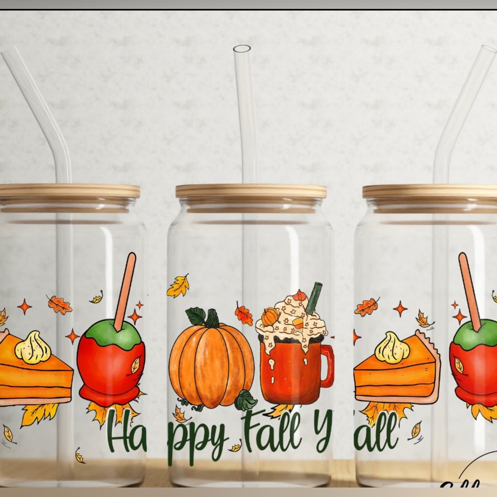 NWOT Happy Fall Ya’ll Glass 16oz Tumbler Bamboo Glass Straw Fall Autumn Vibes
